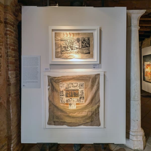 Installation view of 2024 exhibition Boris Lurie: Life with the Dead at the Scuola Grande San Giovanni Evangelista di Venezio.