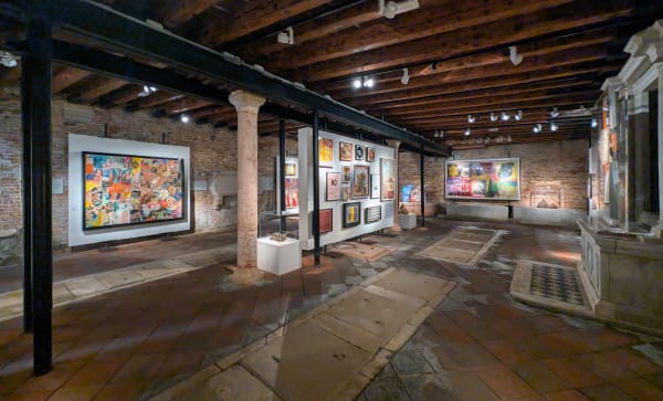 Installation view of 2024 exhibition Boris Lurie: Life with the Dead at the Scuola Grande San Giovanni Evangelista di Venezio.