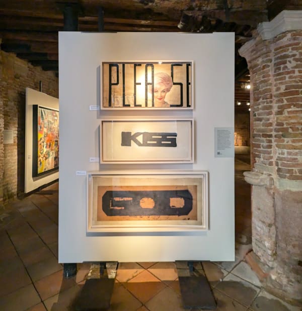 Installation view of 2024 exhibition Boris Lurie: Life with the Dead at the Scuola Grande San Giovanni Evangelista di Venezio.