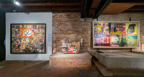 Installation view of 2024 exhibition Boris Lurie: Life with the Dead at the Scuola Grande San Giovanni Evangelista di Venezio.