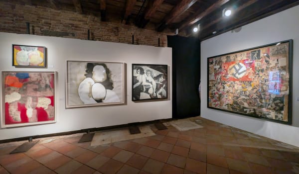 Installation view of 2024 exhibition Boris Lurie: Life with the Dead at the Scuola Grande San Giovanni Evangelista di Venezio.