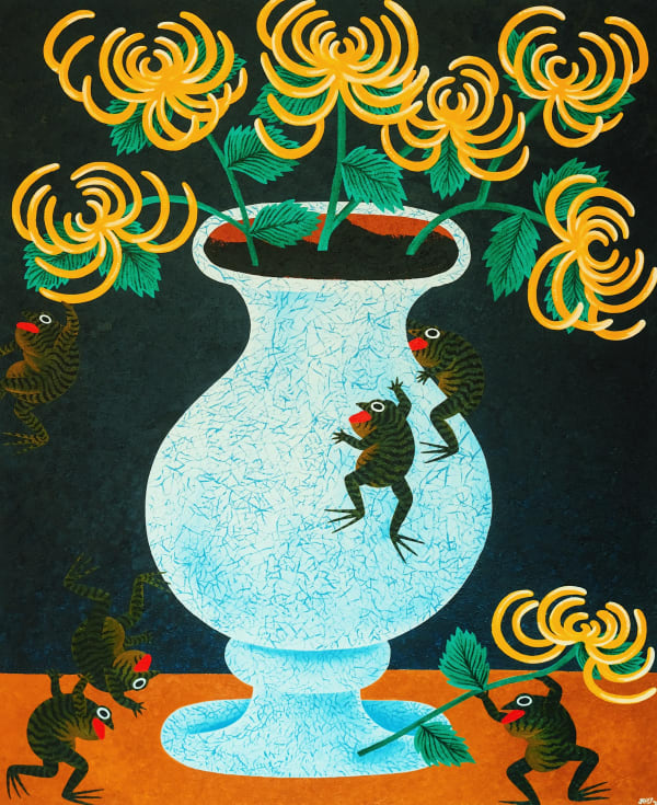 Six Frogs And A Vase Of Golden Chrysanthemums, 2024