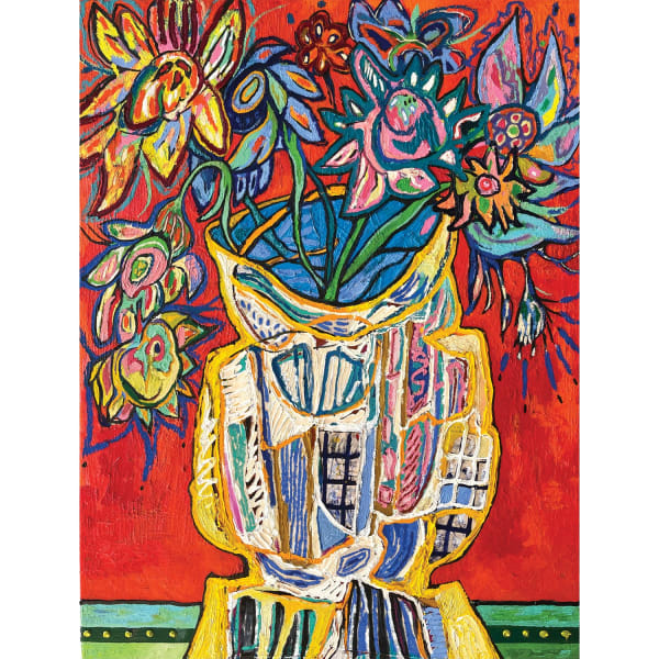 KSENIA DERMENZHI On Nice Bouquet (Red), 2023 oil, oil pastel and fabric on canvas 105x80cm