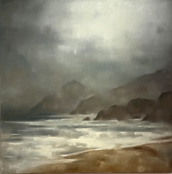 a painting of a beach with clouds