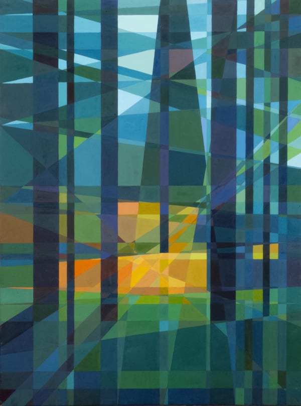An abstract landscape painting with prismatic planes of color