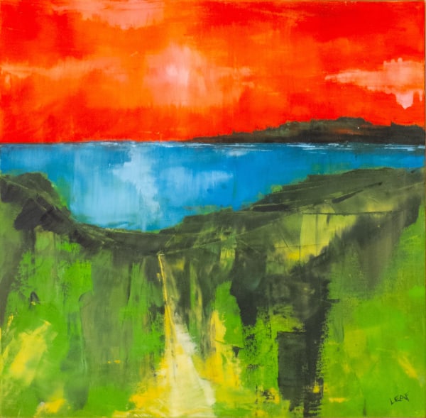an abstract landscape with a red sky over blue water and green grass