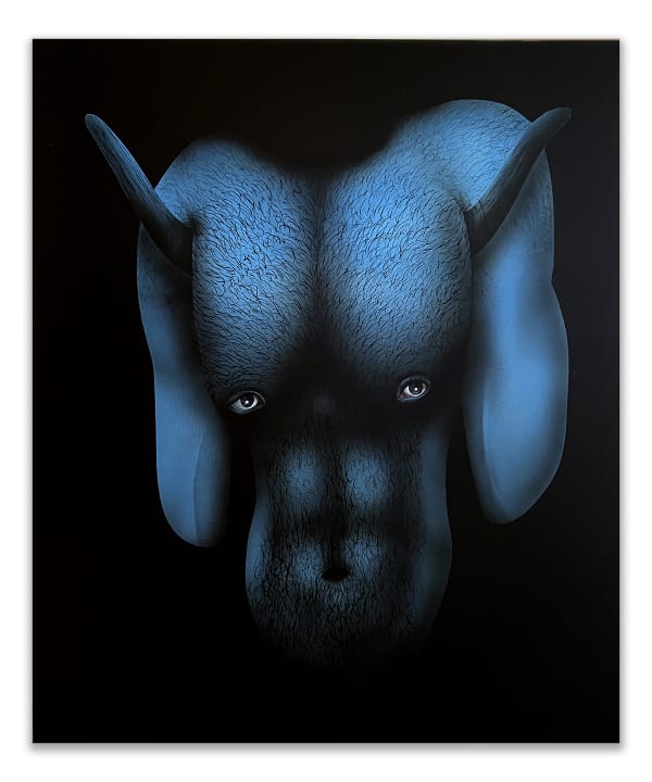 a surreal image of a bull's head superimposed on a man's torso
