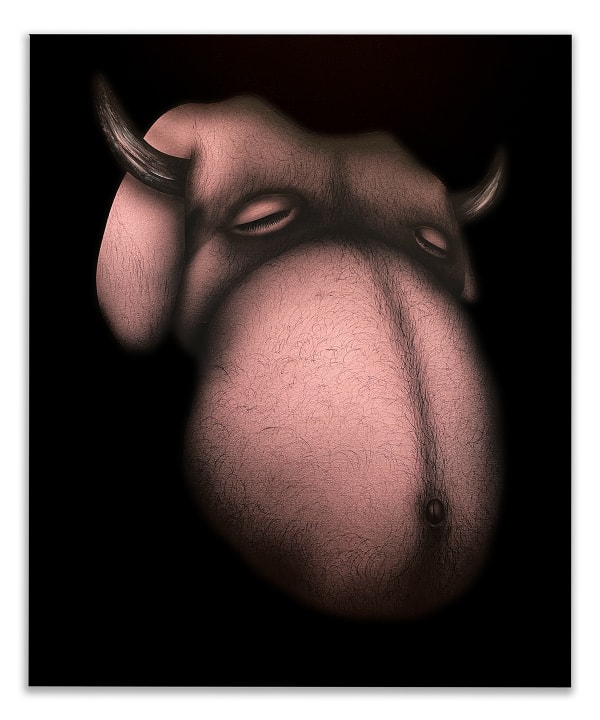 a surreal image of a bull's head superimposed on a man's torso