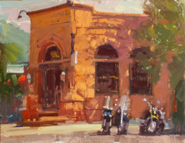 a painting of a bank with motorcycles parked in front
