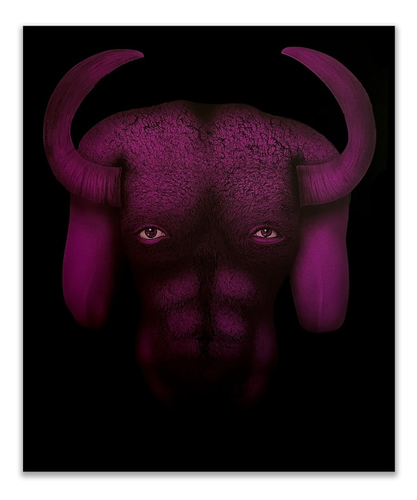 a surreal image of a bull's head superimposed on a man's torso