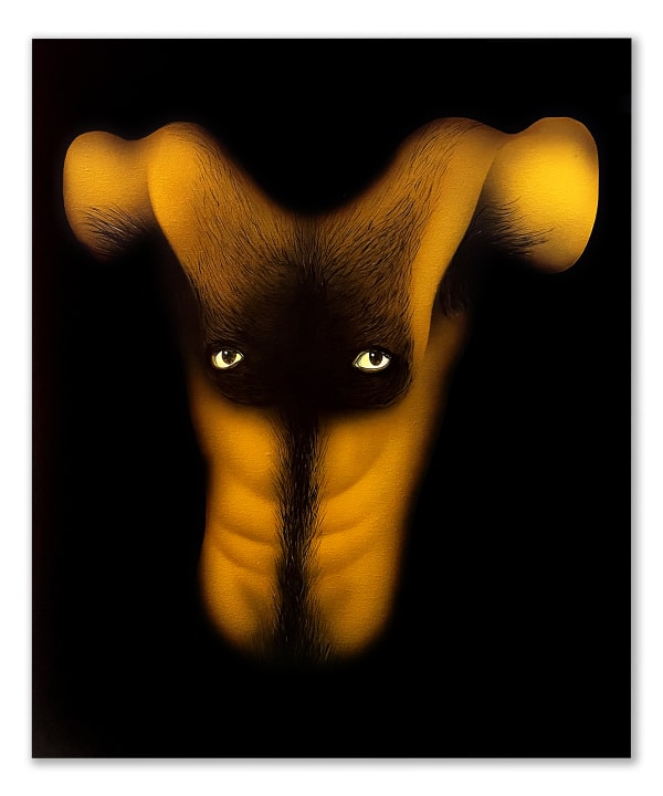 a surreal image of a bull's head superimposed on a man's torso