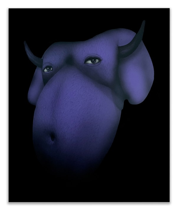 a surreal image of a bull's head superimposed on a man's torso