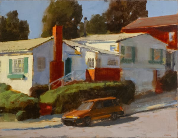 a painting of a car parked in front of a white house with green shutters