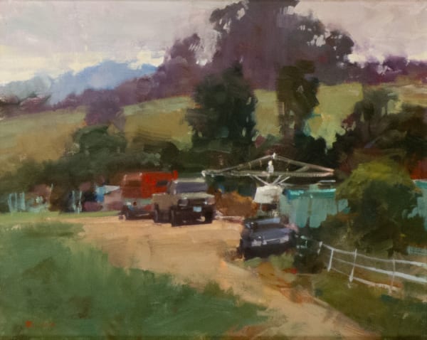a painting of a farm crew taking a break in the midday sun