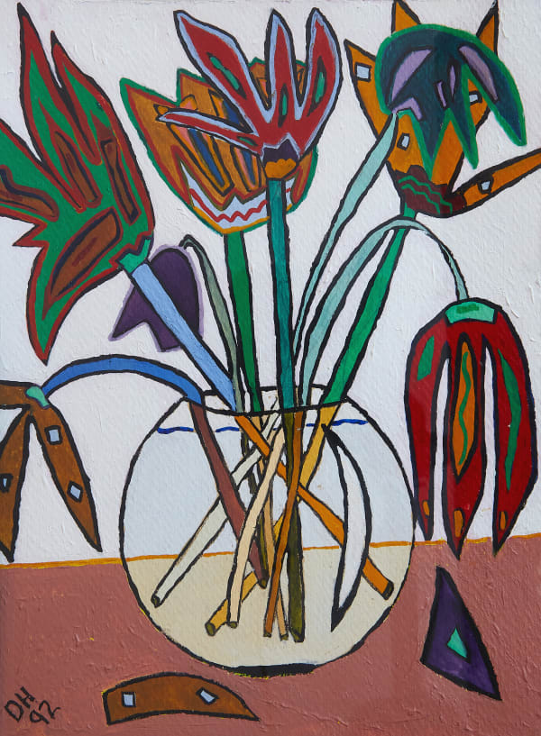 a painting of dying flowers in a vase