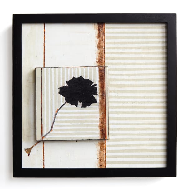 A painting of a flower on a striped pattern background