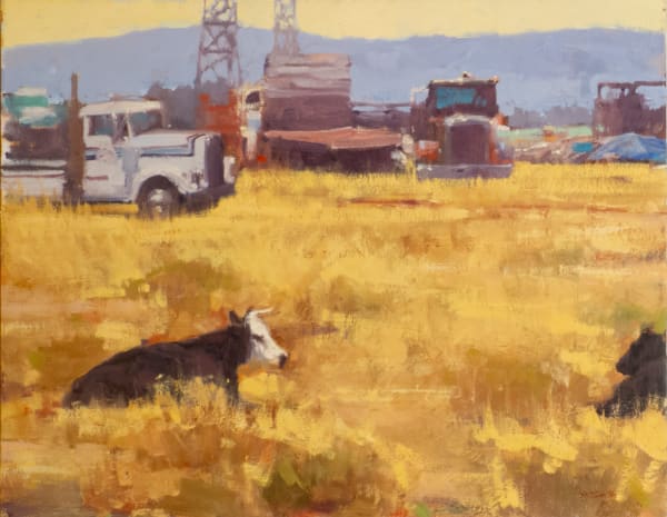 a painting of cows sitting in a field in front of some trucks