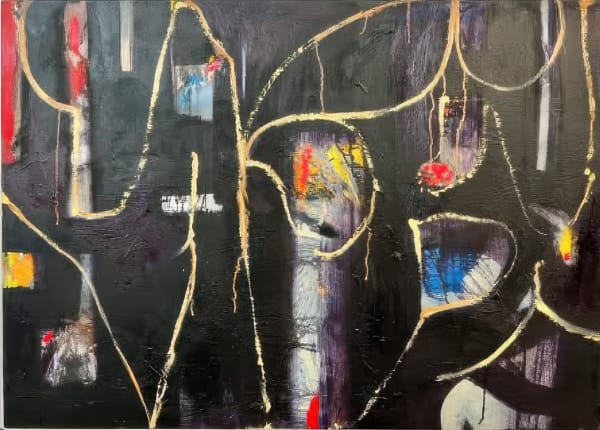 a colorful abstract painting with a dark background