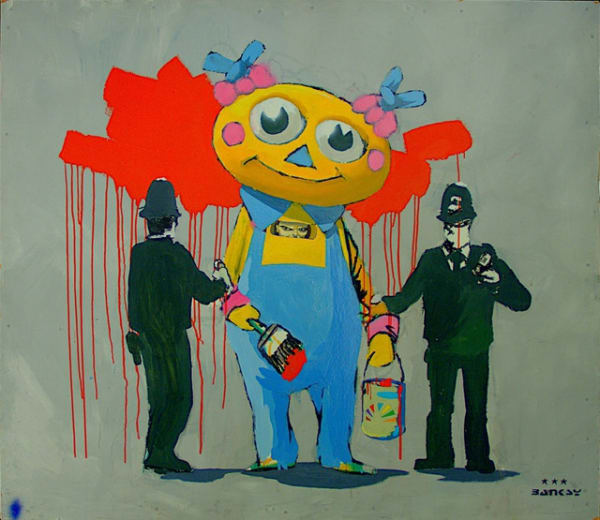 Banksy’s 1998 Clown with Cops shows clown escorted by police, mixing absurdity with authority satire