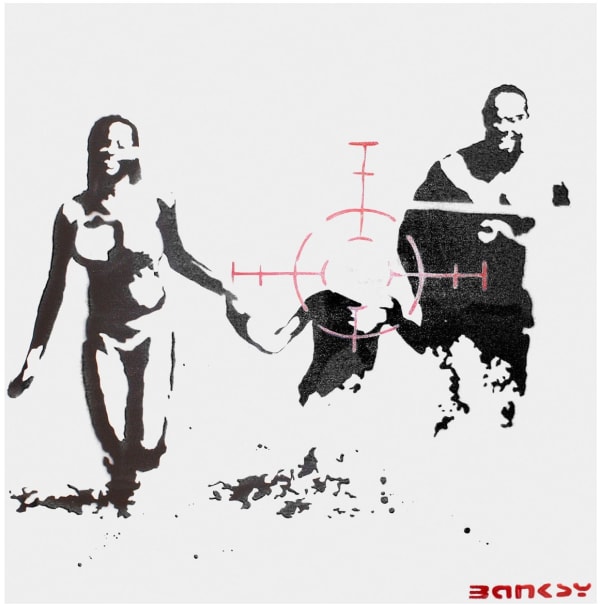 Banksy’s 2003 Family Target puts nuclear family in crosshairs, critique of modern domestic ideals.