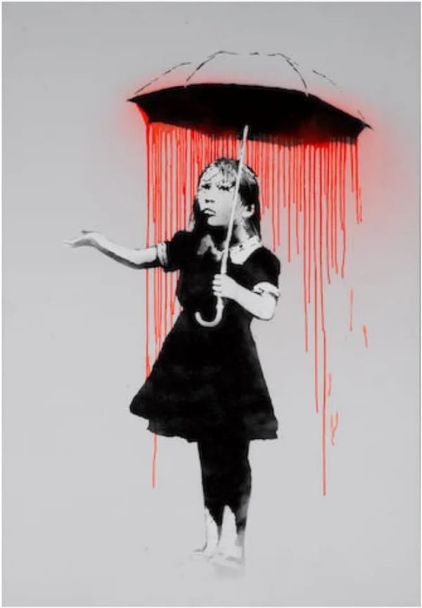Banksy’s 2008 Nola (Red) girl under umbrella raining on her, critique of failed protection.