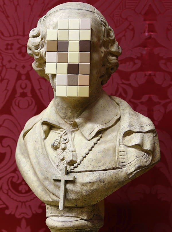 Banksy’s 2011 Cardinal Sin bust replaces the face of a priest with pixelated blocks, satirising church scandals.