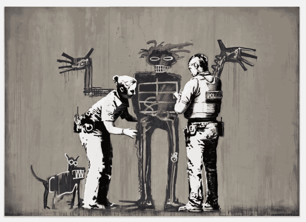 Banksy’s 2018 Banksquiat Stop and Search mural depicts Basquiat’s boy and dog facing police scrutiny in satire.