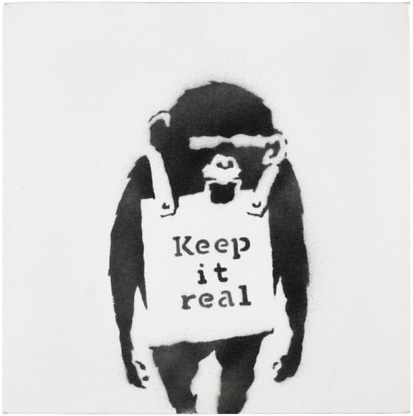 Banksy’s 2003 Keep it Real stencil features suited chimp with witty urban edge.