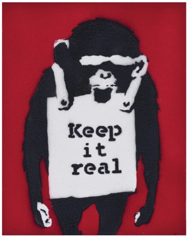 Banksy’s 2002 Keep it Real monkey stencil blends humour and street art charm.