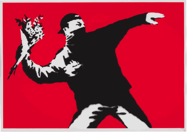 Banksy’s 2003 Love Is In The Air shows rioter throwing flowers, blending peace and protest.
