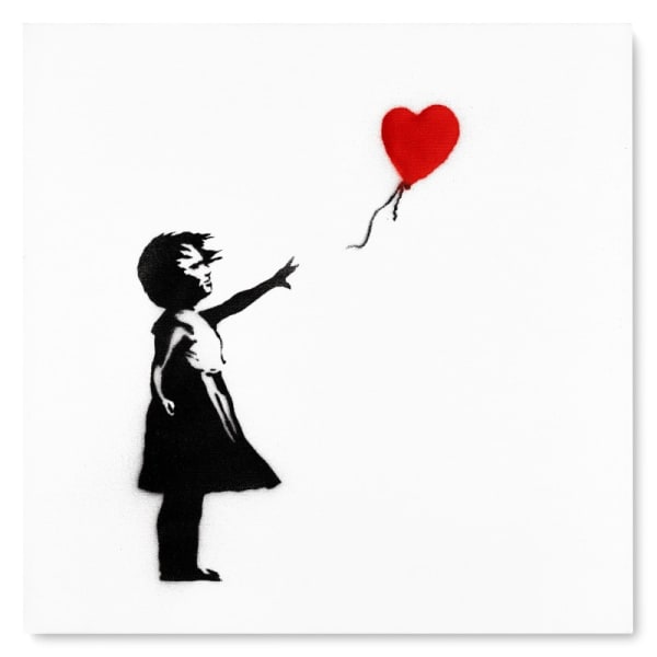 Banksy’s 2003 Girl with Balloon depicts child reaching for red heart balloon, iconic street art image.