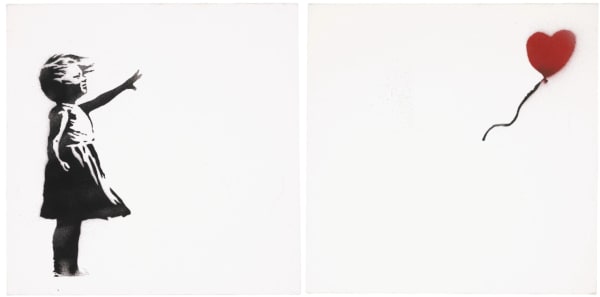 Banksy’s 2005 Girl with Balloon Diptych presents iconic image in two-panel contemporary art format.