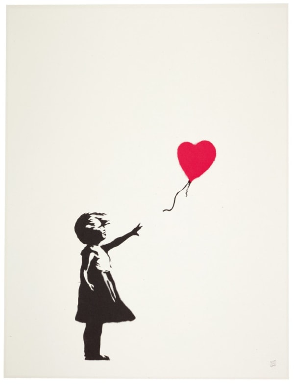 Banksy’s 2004 Girl with Balloon features girl stretching toward red heart balloon, symbolising innocence.