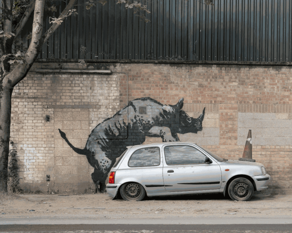 Banksy's mural of a rhinoceros on a car