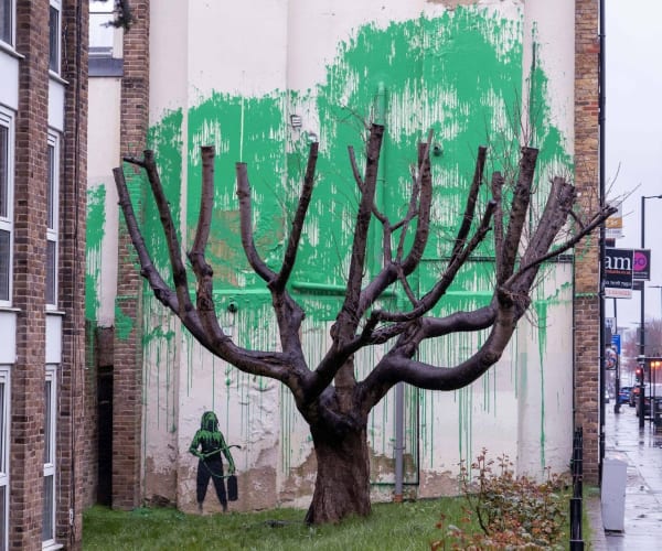 Banksy’s 2024 Greenwashed Tree mural combines environmental themes with bold street art colour.
