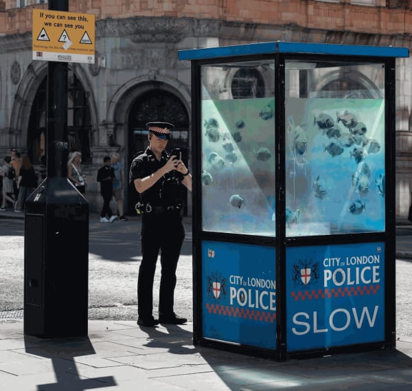 Banksy’s 2024 Piranhas artwork in animal series, sharp and inventive aquatic street art piece.