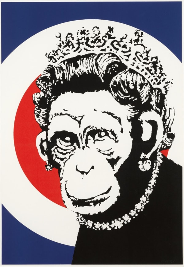 Banksy’s 2003 Monkey Queen portrays Queen Elizabeth II as a monkey, anti-establishment art.
