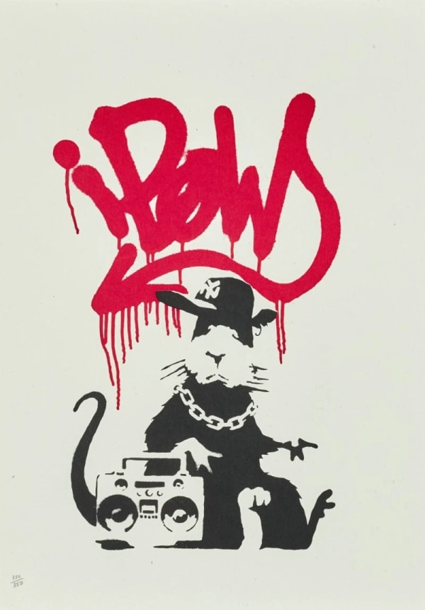 Banksy’s 2004 Gangsta Rat with boombox and gold chain, iconic street art rodent character.