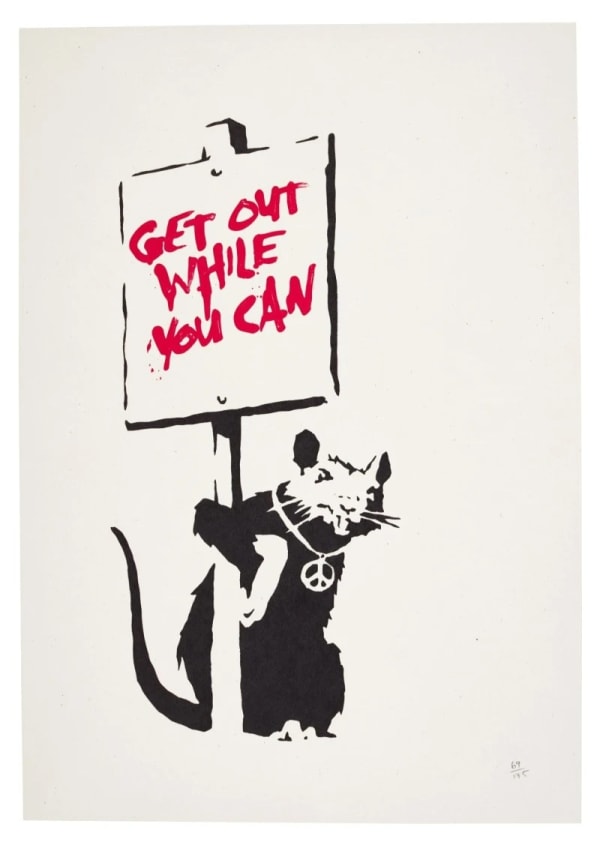 Banksy’s 2004 Get Out While You Can rat graffiti, early anti-establishment street artwork.