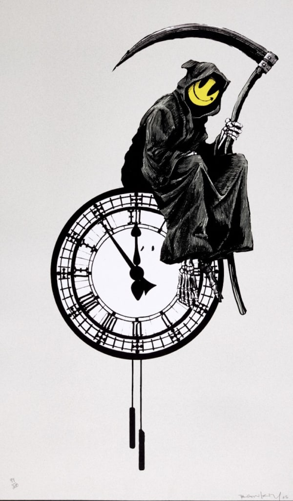 Banksy’s 2005 Grin Reaper with scythe and yellow smiley face, dark humour street art.