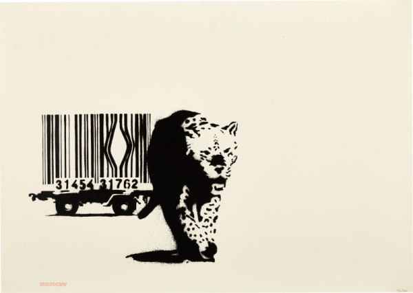 Banksy’s 2004 Barcode shows leopard escaping barcode cage, comment on freedom and capitalism.