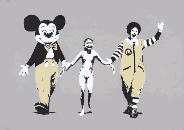 Banksy’s 2004 Napalm shows girl flanked by Ronald McDonald and Mickey Mouse, haunting anti-war art.