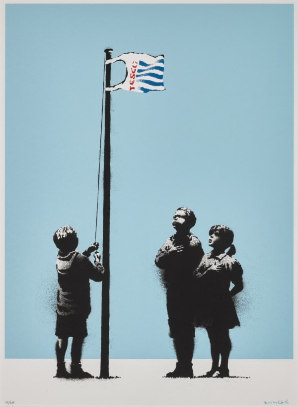 Banksy’s 2008 Very Little Helps with children raising Tesco bag like a flag, consumerism critique.
