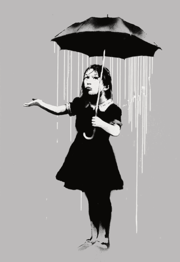 Banksy’s 2008 Nola girl with umbrella raining on her, symbolising failed protection.