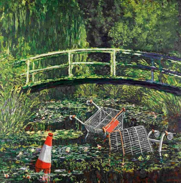 Banksy’s 2005 Show Me The Monet reworks Monet’s garden with shopping trolleys, iconic satirical masterpiece.