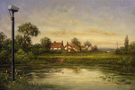 Banksy’s 2004 CCTV mural highlights surveillance culture with striking and clever street art imagery.