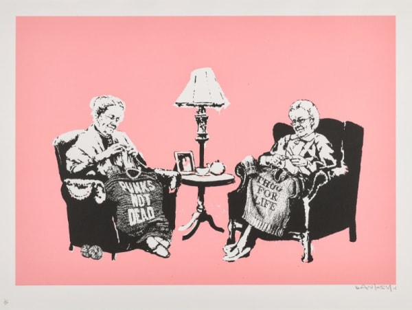 Banksy, Grannies, 2006 – satirical print of elderly women knitting sweaters with subversive slogans.
