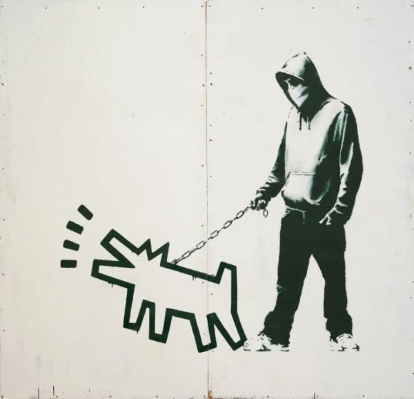 Banksy’s 2009 Choose Your Weapon man walks dog in Keith Haring style, anti-conformity message.