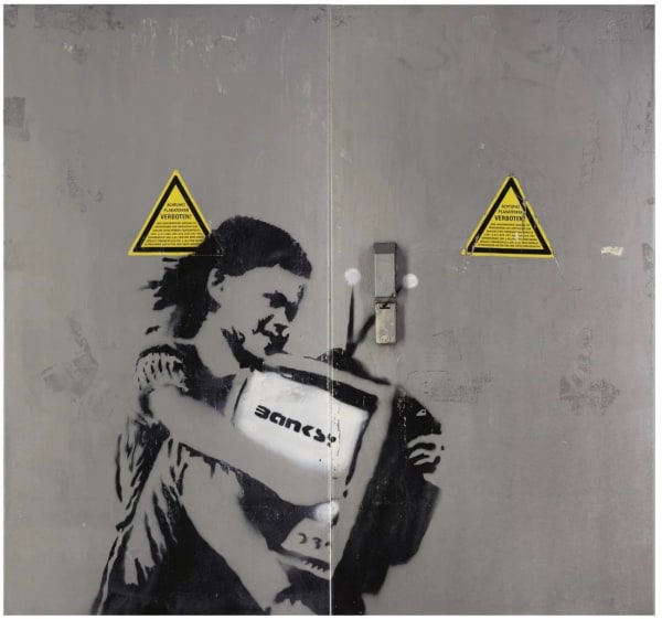 Banksy’s 2004 Girl with TV critiques media influence on youth through haunting visual metaphor.