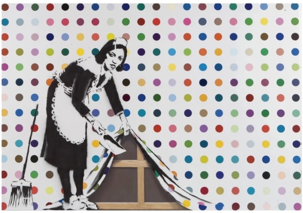 Banksy’s 2007 Keep it Spotless collaboration with Hirst, maid lifts canvas to clean underneath.